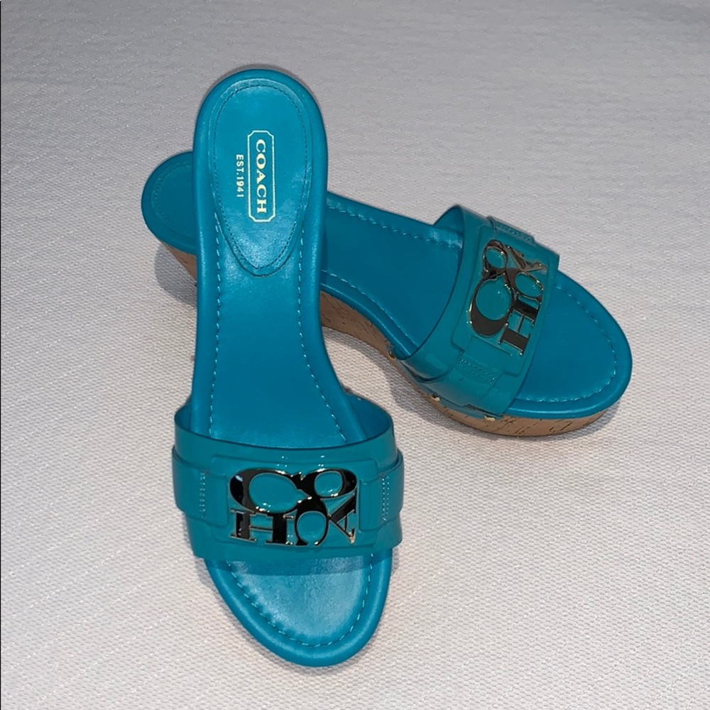 Coach turquoise platform slides